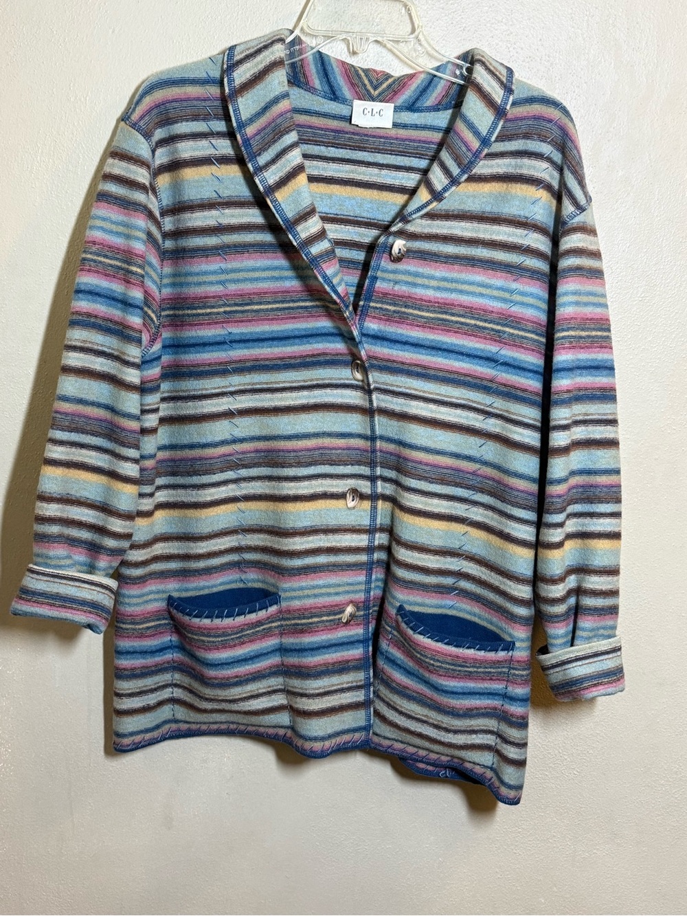 Vintage C-L-C Rainbow Striped Wool-Blend Button-Front Shawl Collar Sweater Ja
